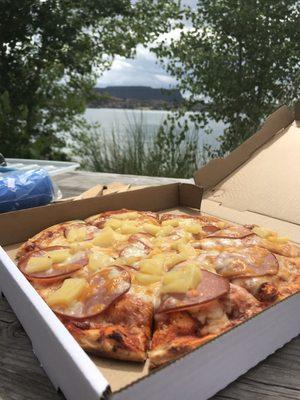 12 inch pizza. Surprisingly good for convenience store pizza and the price is right, too. Perfect to bring back to the campsite.