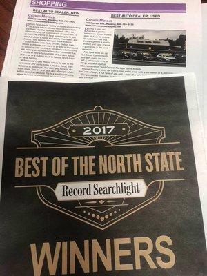 THE BEST AUTO DEALER NEW and USED in the North State!! Congratulations Crown Motors on your continuous BEST OF THE NORTH STATE Award!