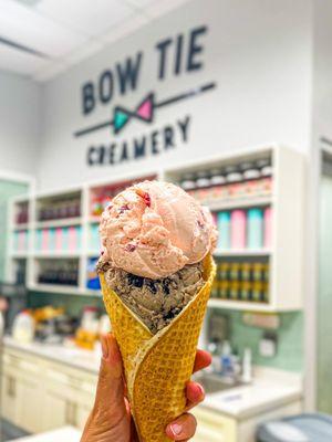 Raspberry sour cream and Oreo double scoop