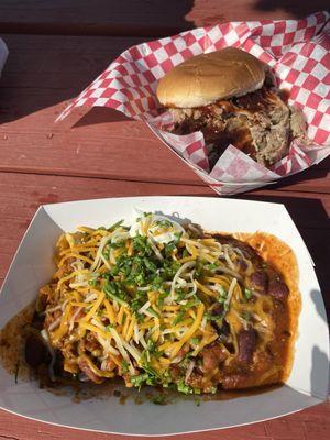 Frito pie and pulled pork sandwich