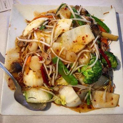 Buddha Delight. Pan fried noodles and vegetables. It's a huge plateful of delicious food that leaves you feeling not too full.