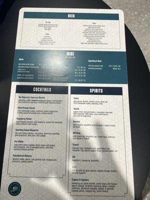 Spirits/alcohol menu