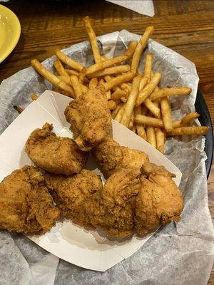 Naked boneless wings and beer battered Fries