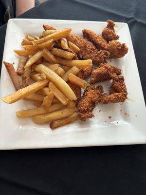 Overcooked chicken tenders and soft greasy fries.