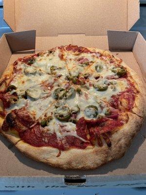 Pepperoni, onion, jalapeño, and green olives