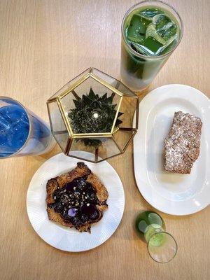 honey blueberry galette, butterfly pea matcha latte, coffee cake