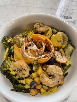 Golden Spring bowl- with quinoa, chickpeas, blueberries, veggies, and turmeric dressing! Added shrimp for $4