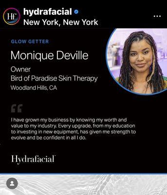 Monique Deville Hydrafacial Connect Master aesthetician and  USTI Associate Trichologist