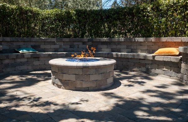 Firepit and seating area constructed with interlocking pavers