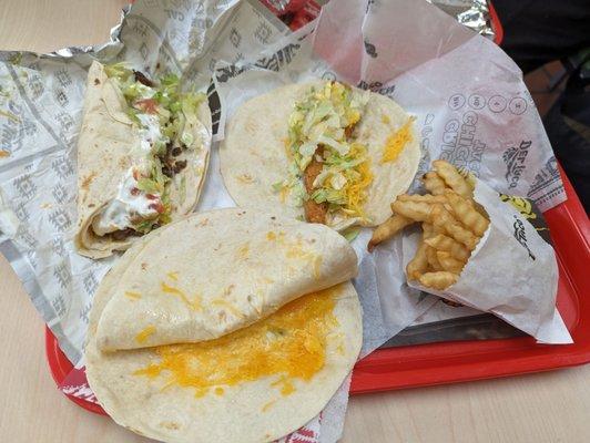 Carne asada quesadilla taco, crispy chicken taco, cheese quesadilla... And small fries