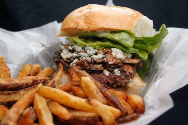 STUFFED BLEU AND OUR TWICE COOKED HOME CUT GOLDEN FRIES.