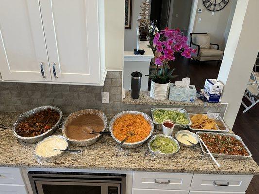 Fajitas, refried beans, pico de Gallo, quest, guacamole