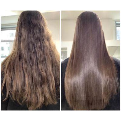 Before and after, Long hair Brazilian Blowout treatment at New York City salon on 57th St.