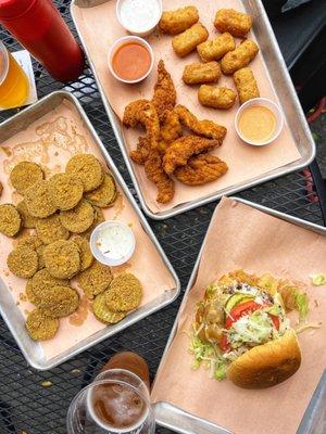 Captain Crunch Crusted Chicken Tenders, Fried Pickles, The local Burger