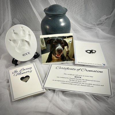 Urn, Paw print, Nose print, Fur clipping, Certificate