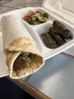 Falafel, Fatoosh Cucumber Salad, and veggie grape leaves