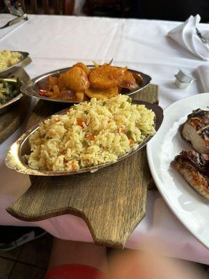 rice and roasted potatoes.