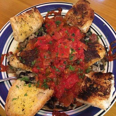 Blackened Catfish with black beans and rice and a Creole sauce that was to die for!