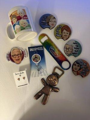 Coffee cup, neoprene car coasters, 2x bottle opener, badge reel, locally made snowball hypoallergenic earrings, Leslie Jordan sticker