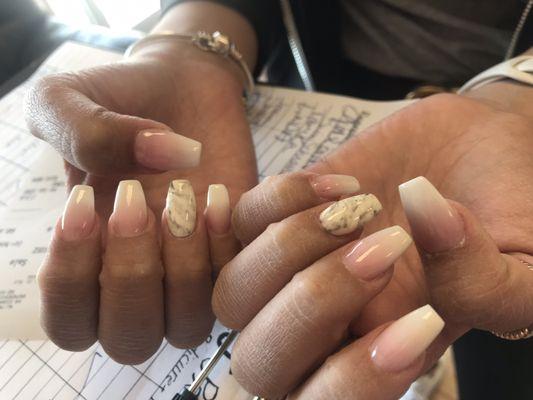 Pink and white powder acrylic ombré with gel maple design by Andy at A&J Pretty Nails