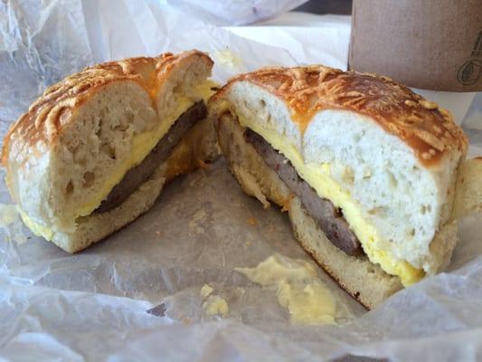 The North Ender: breakfast bagel sandwich with eggs, cheese, and sausage