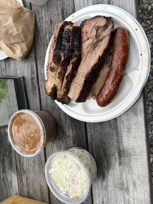 Brisket and sausage with beans and coleslaw  Just scrumptious