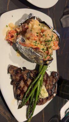 Ribeye steak and lobster baked potatoes