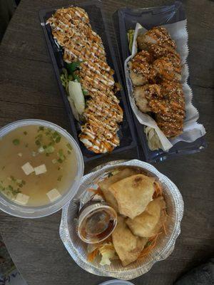 Tofu Miso Soup Crab Rangoon ( 4 pieces) giant Full B Fam Special Roll Deep Fried Tempura Shrimp Roll (10 pieces)