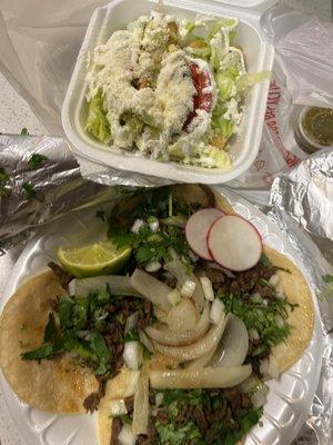 Chicken flautas and tacos de carne asada