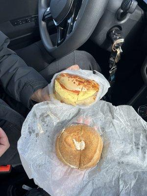 Yum! Fresh start okay herb and cheese bagel and cinnamon sugar bagel with apple cinnamon cream cheese!