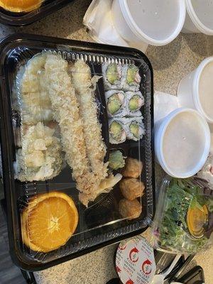 My chicken tempura Bento Box with soup, salad and white rice.