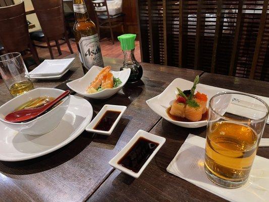 Mix vegetables Soup and shrimp sashimi