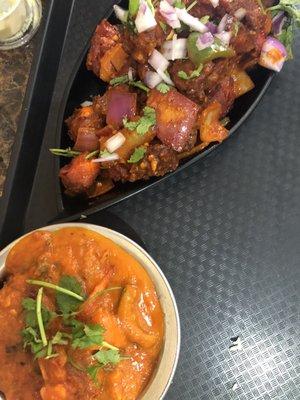 Spicy chicken tikka and butter chicken.