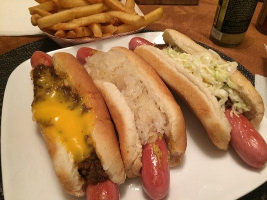 The line up: chili cheese, kraut/mustard, chili and slaw. I'd do it all over again