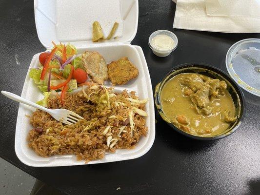 Goat curry, rice with spicy cabbage mixed in, side salad and plantain.