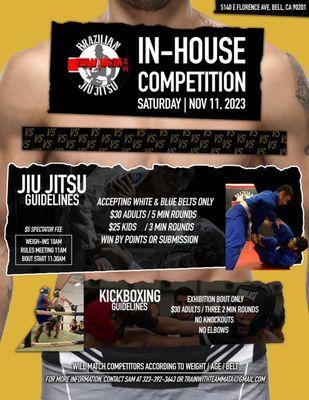 In-house competition 
White and blue belts only
Adults and kids welcome 
DM for more information