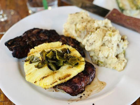 Rib Eye top with Pineapple / green Chile amd  March potato with green Chile