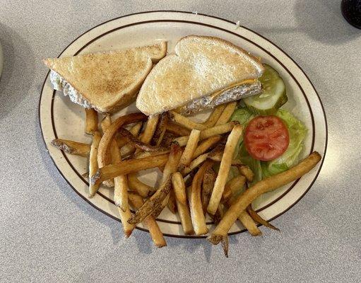 Chicken salad on toast, with a piece of cheese. Yum!!