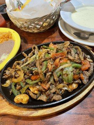 Shrimp and steak fajitas