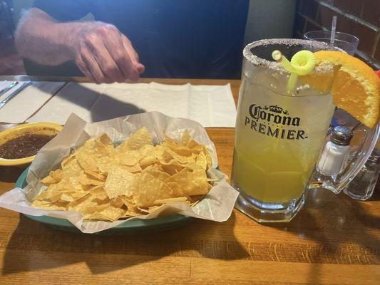 Large Margarita with salt on the rocks. Endless chips and salsa.