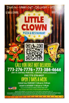 Little Clown.Dine In Delivery Take Out Catering Small Pizza/Burgers/Sandwiches/Chicken/Ribs/WingsPlace.Nice Quick Service. Cool!