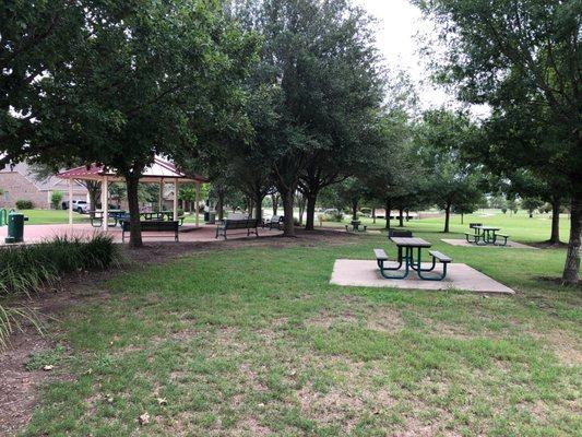 Covered picnic table area with grills.