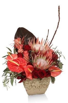 Love Power Flowers.
Exotic and Tropical flowers with dark red roses. Powerful and Passionate floral arrangement