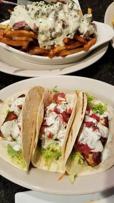 Steak frites and salmon tacos