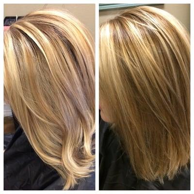 She wanted to get away from a very hilighted look and we took her to a more dimensional blonde!