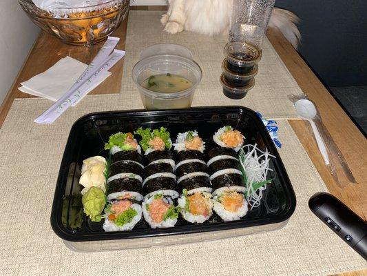 Spicy Hamachi Roll, Spicy Tuna* (5 PCS), Miso Soup