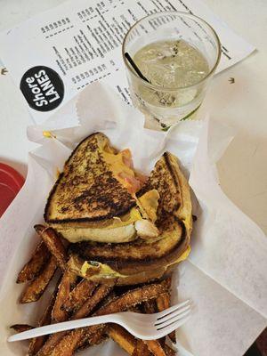 Grilled cheese with tomato, sweet potato fries, and gin and tonic - less than $20