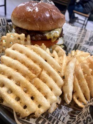 Cheeseburger and Waffle Fries