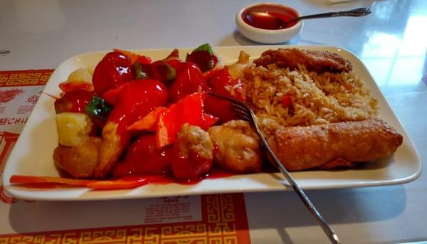 Sweet and sour pork with the egg roll, fried rice, and chicken wing that comes with the meal. Yum! Everything was so fresh and delicious!