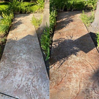 Before and after of a concrete color enhancing reseal job by Under The Sea Inc